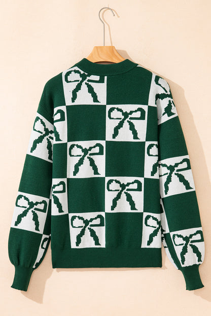 Blackish Green Checkered Bow Print Casual Sweater
