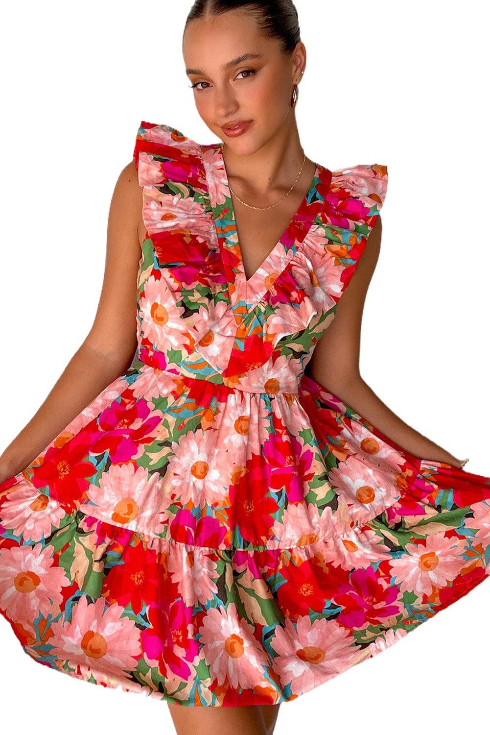 Floral Sleeveless V Neck Frill Mini Dress