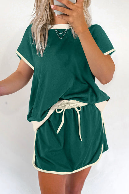 Evergreen Colorblock Edge Drop Shoulder T Shirt and Skort 2Pcs Set