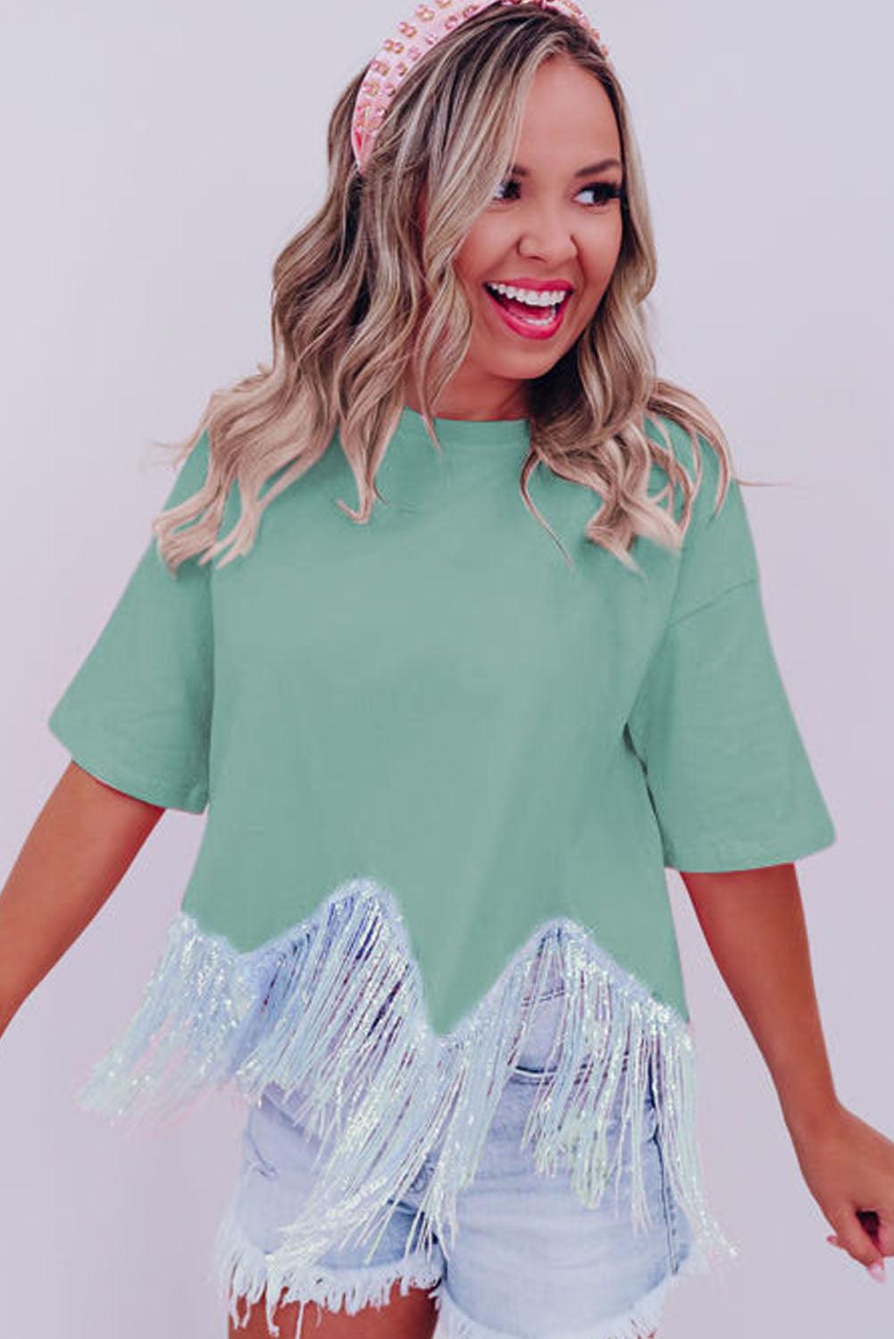 Moonlight Jade Fringed Sequin Crop T-shirt - L & M Kee, LLC