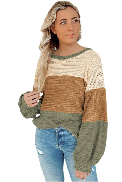 Green Stripe Textured Color Block Bubble Sleeve Baggy Top - L & M Kee, LLC