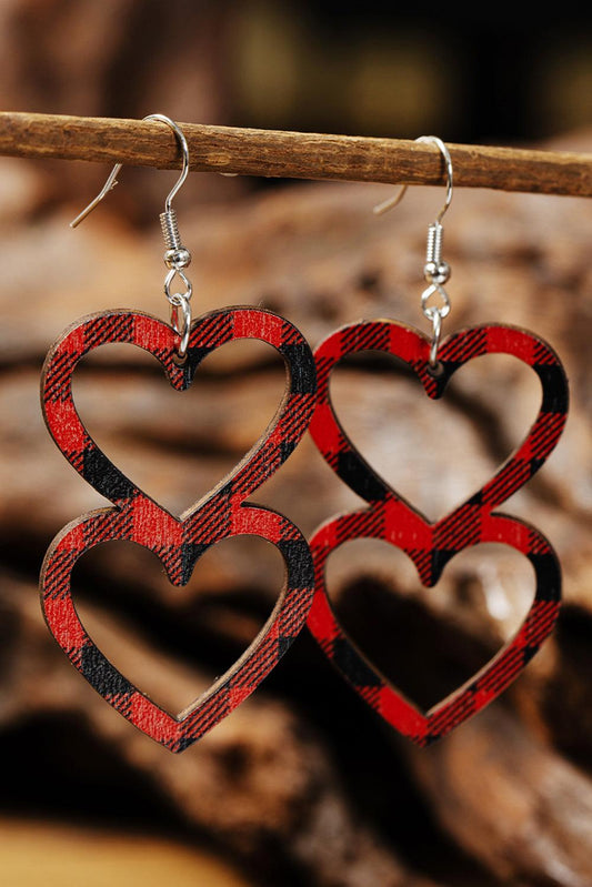 Fiery Red Valentines Day Plaid Double Love Heart Wooden Earrings - L & M Kee, LLC