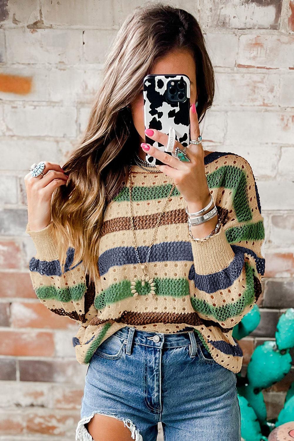 Multicolor Striped Hollowed Knitted Loose Sweater - L & M Kee, LLC