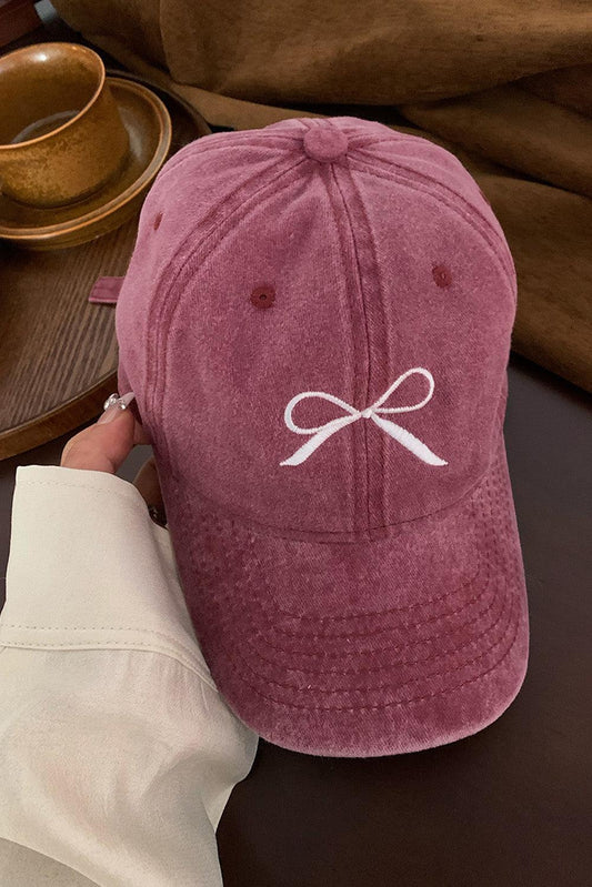 Rose Pink Embroidered Bow Knot Denim Baseball Cap