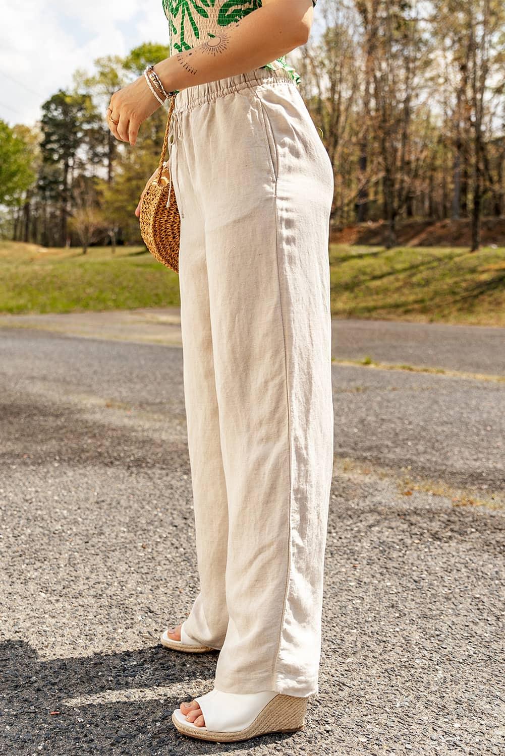 Apricot Linen Elastic Drawstring Waist Loose Pants - L & M Kee, LLC