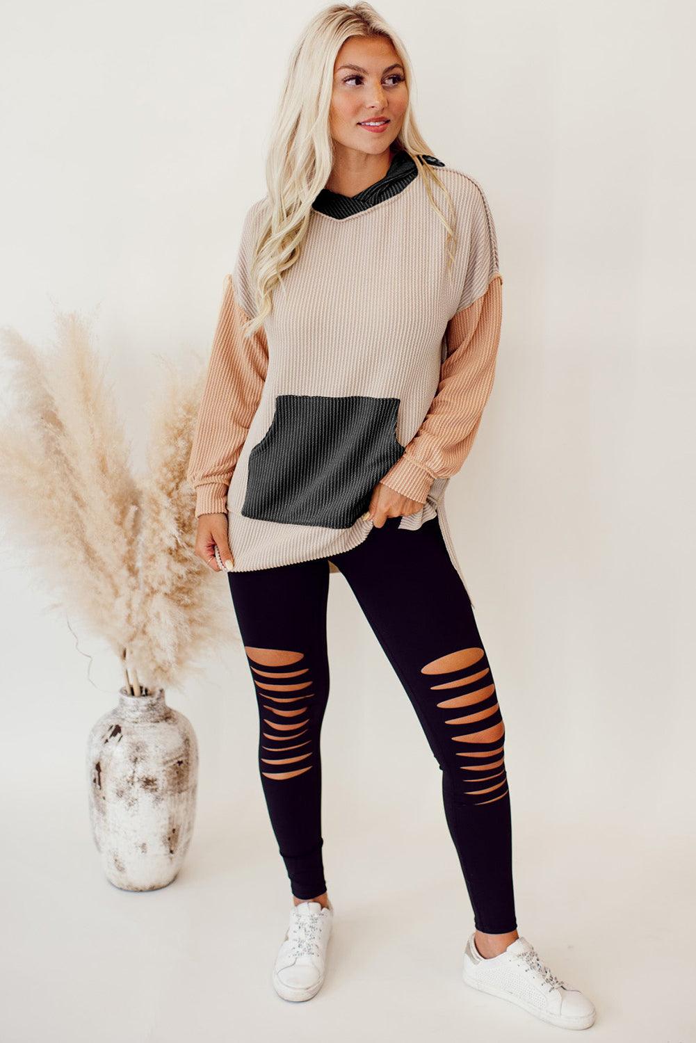 Black Color Block Long Sleeve Ribbed Loose Top - L & M Kee, LLC