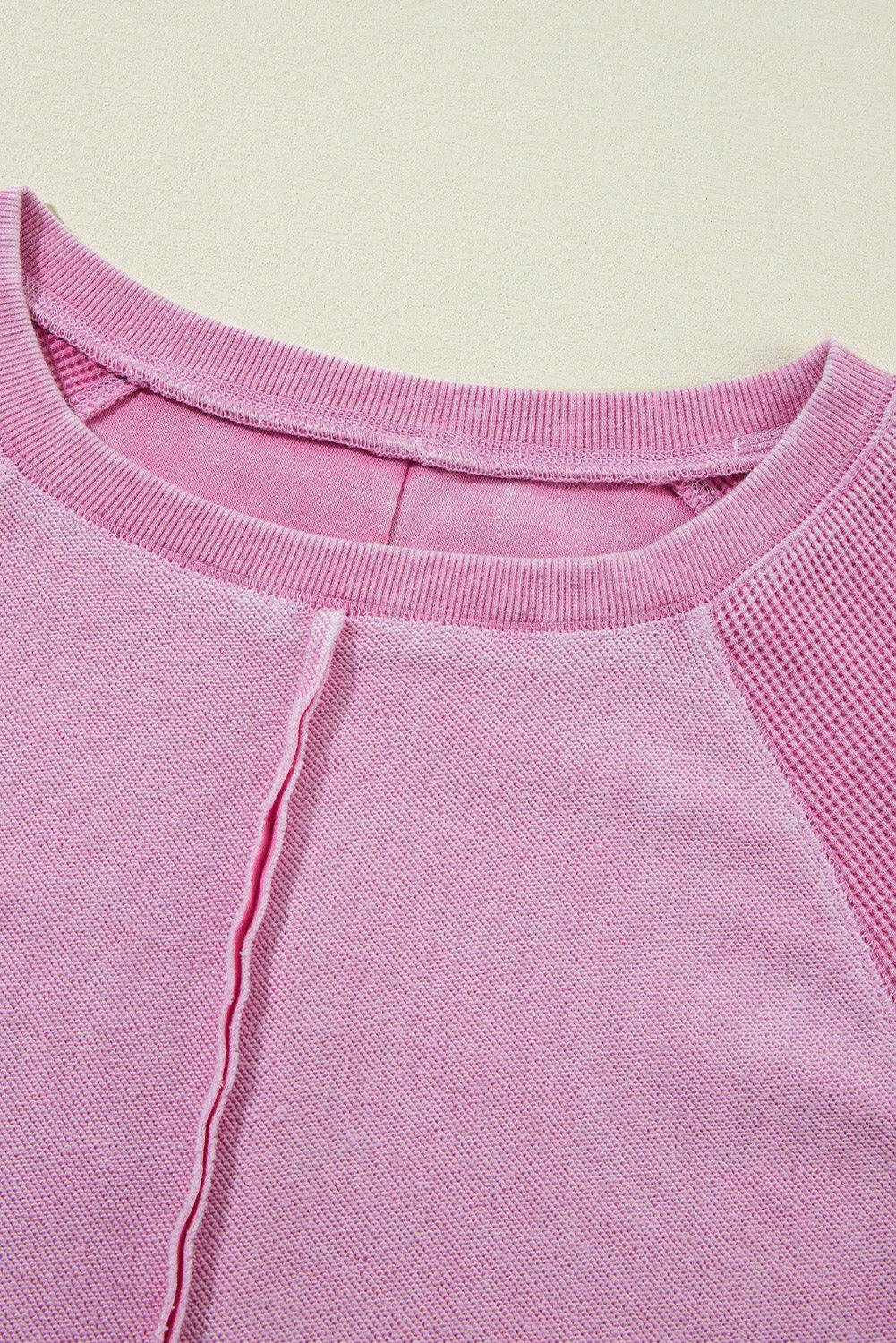 Pink Waffle Knit Patchwork Exposed Seam Raglan Sweatshirt - L & M Kee, LLC