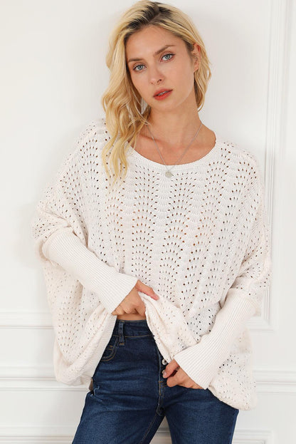 Beige Ribbed Hollow Knit Dolman Sleeve Sweater - L & M Kee, LLC