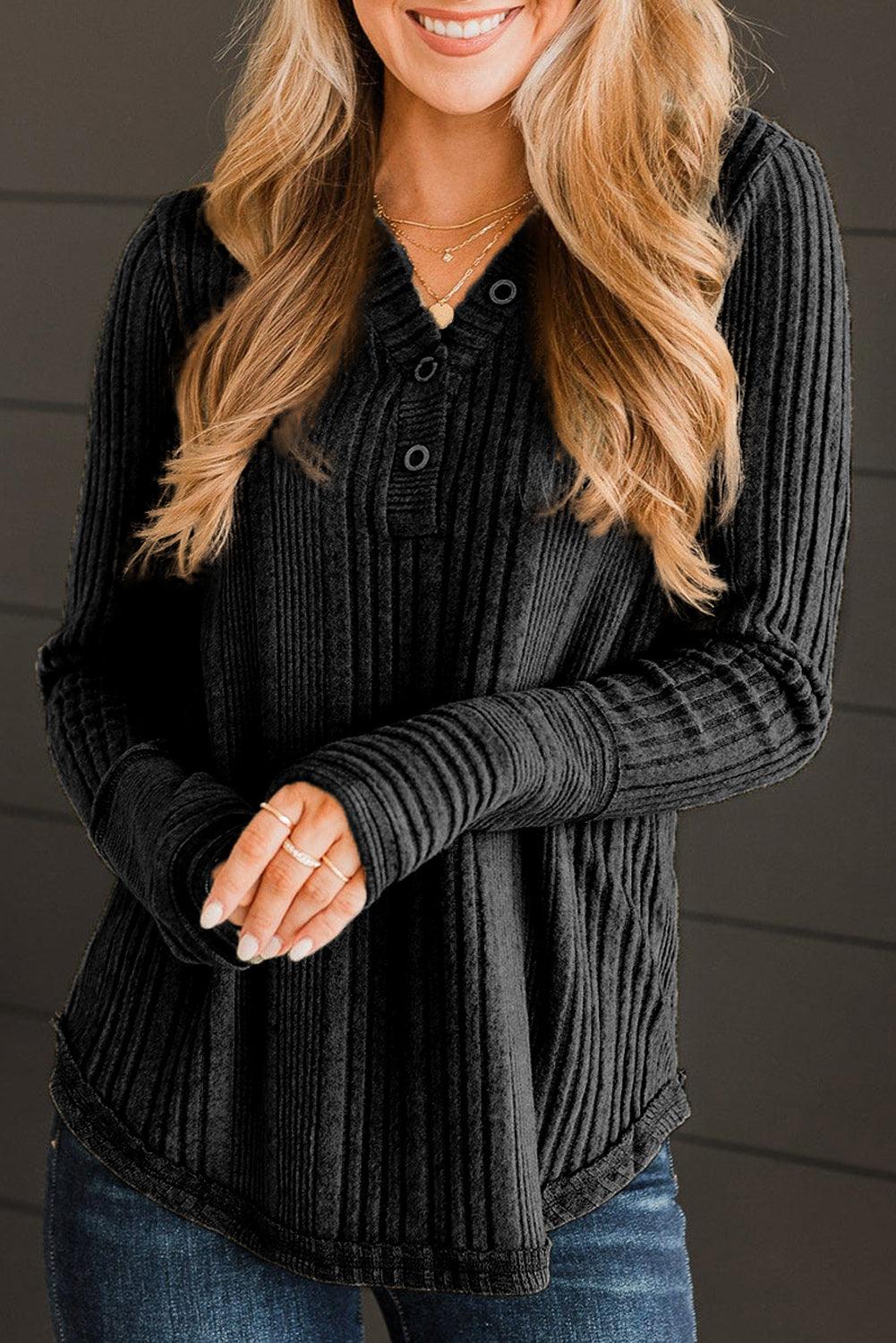 Black V Neck Buttoned Ribbed Knit Top - L & M Kee, LLC