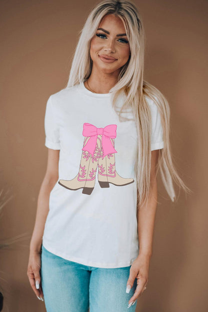 White Western Boots Bow Print Round Neck T Shirt - L & M Kee, LLC