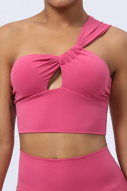 Rose Red Ruched Cutout One Shoulder Yoga Bra - L & M Kee, LLC