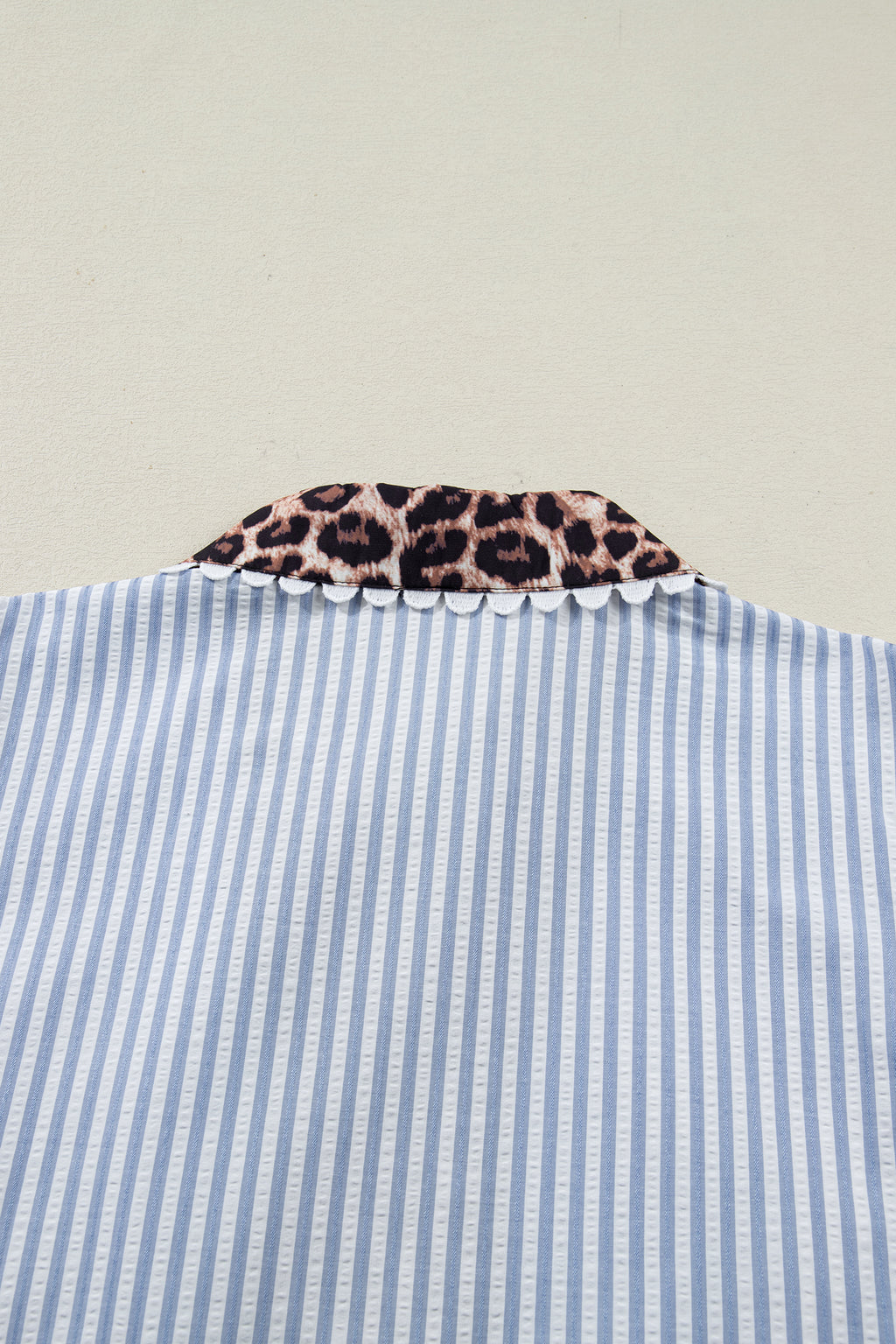 Sky Blue Stripe Plus Size Leopard Patchwork Collar Short Bubble Sleeve Blouse