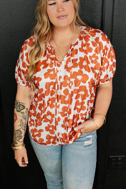 Orange Plus Size Floral Print Drawstring V Neck Short Sleeve Blouse - L & M Kee, LLC