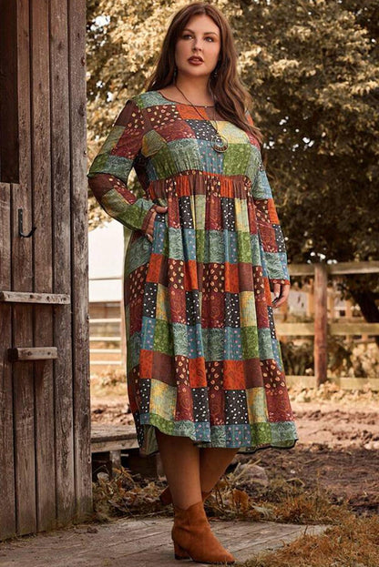 Green Printed Multicolor Western Checkered Plus Size Swing Dress - L & M Kee, LLC