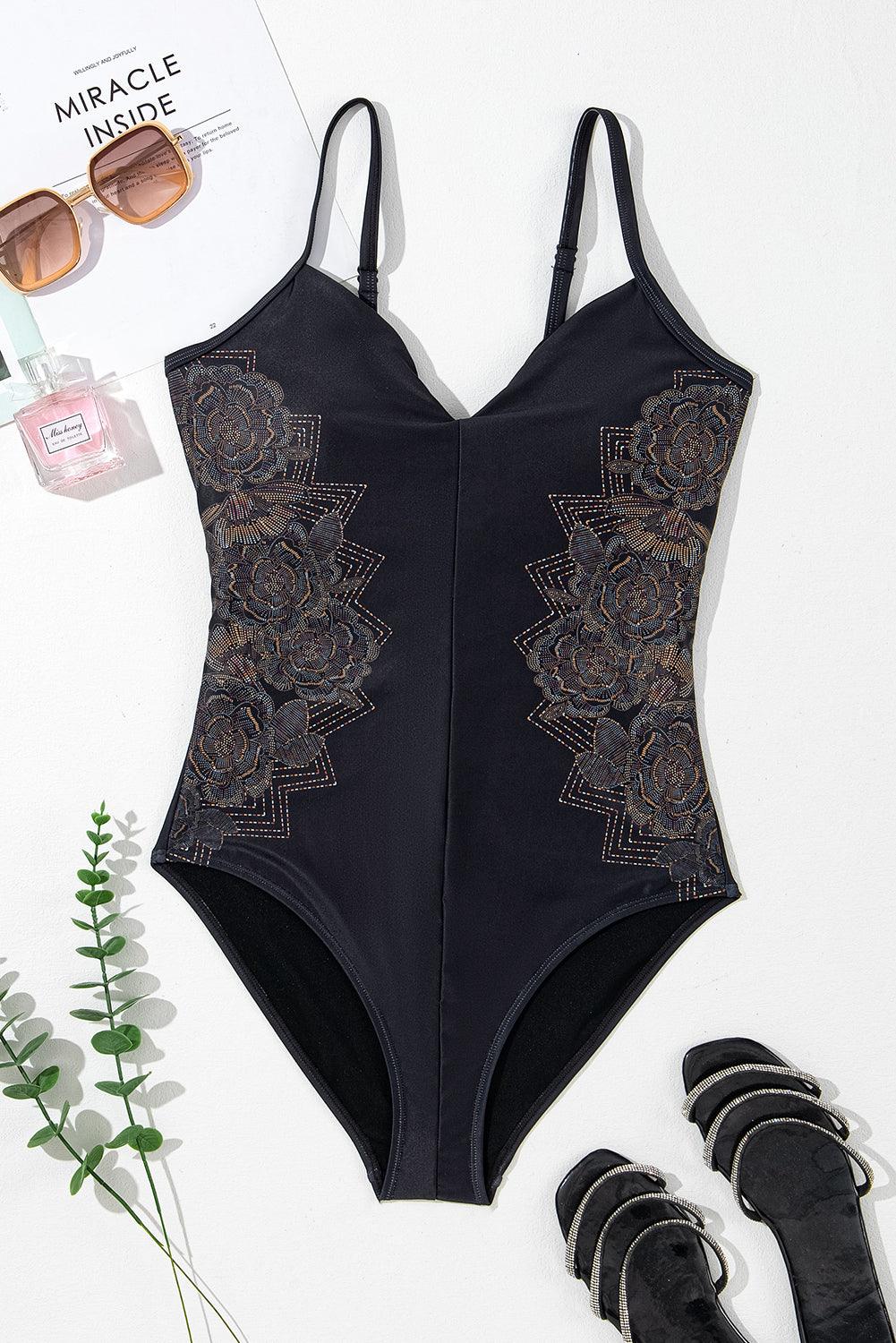 Black Petal Print Crisscross Back Spaghetti Straps Swimsuit - L & M Kee, LLC