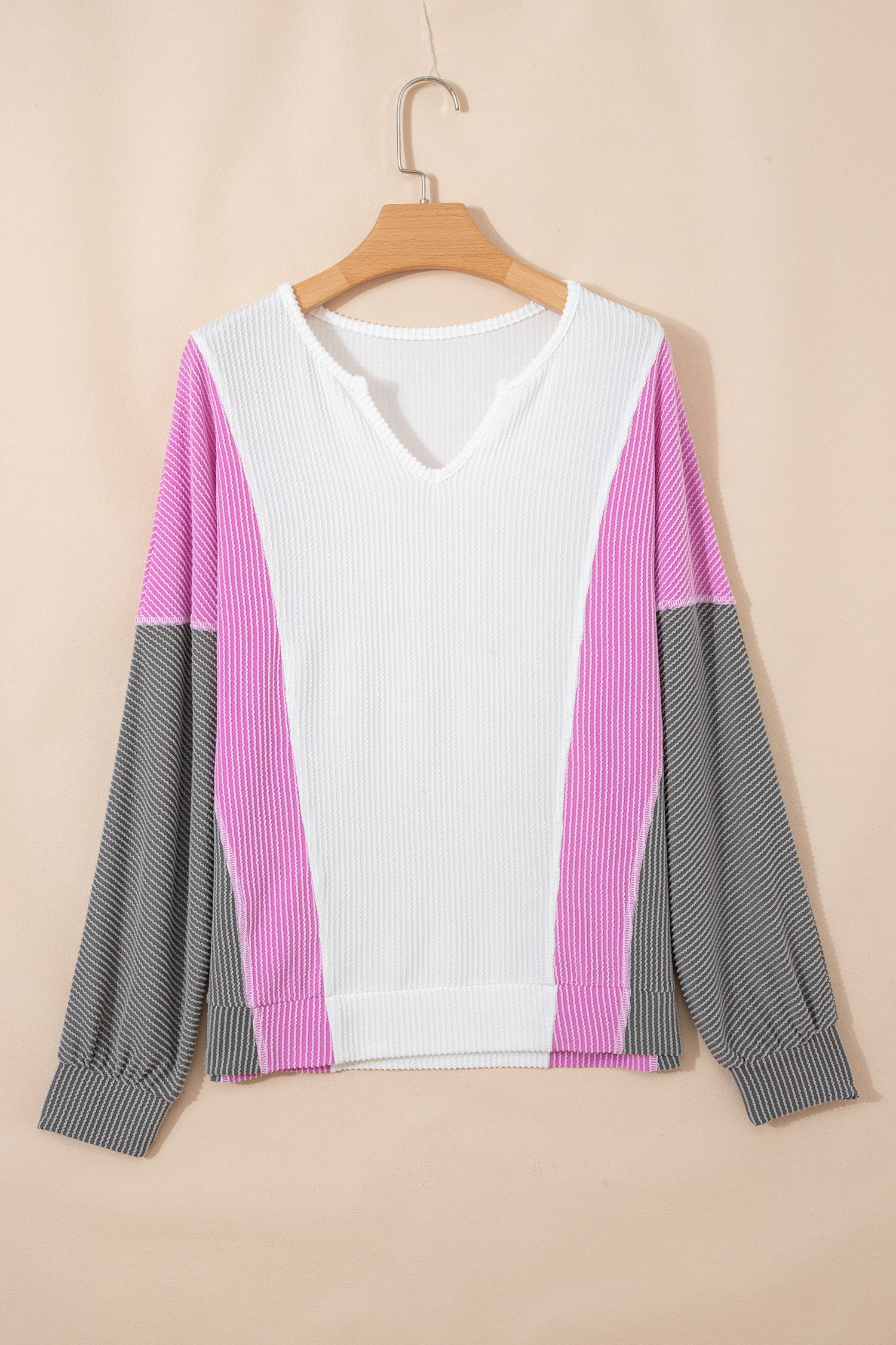 White Spiral Ribbed Raw Seam Color Block Patchwork Long Sleeve Top