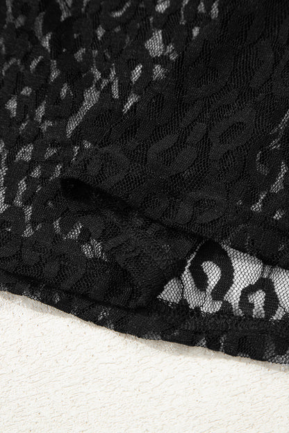 Black Leopard Pattern Sheer Mesh Long Sleeve Top