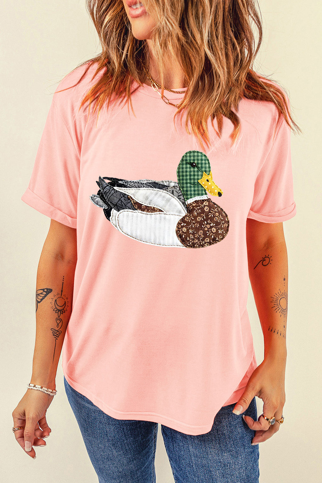 Pink Faux Quilted Mallard Casual Round Neck Tee
