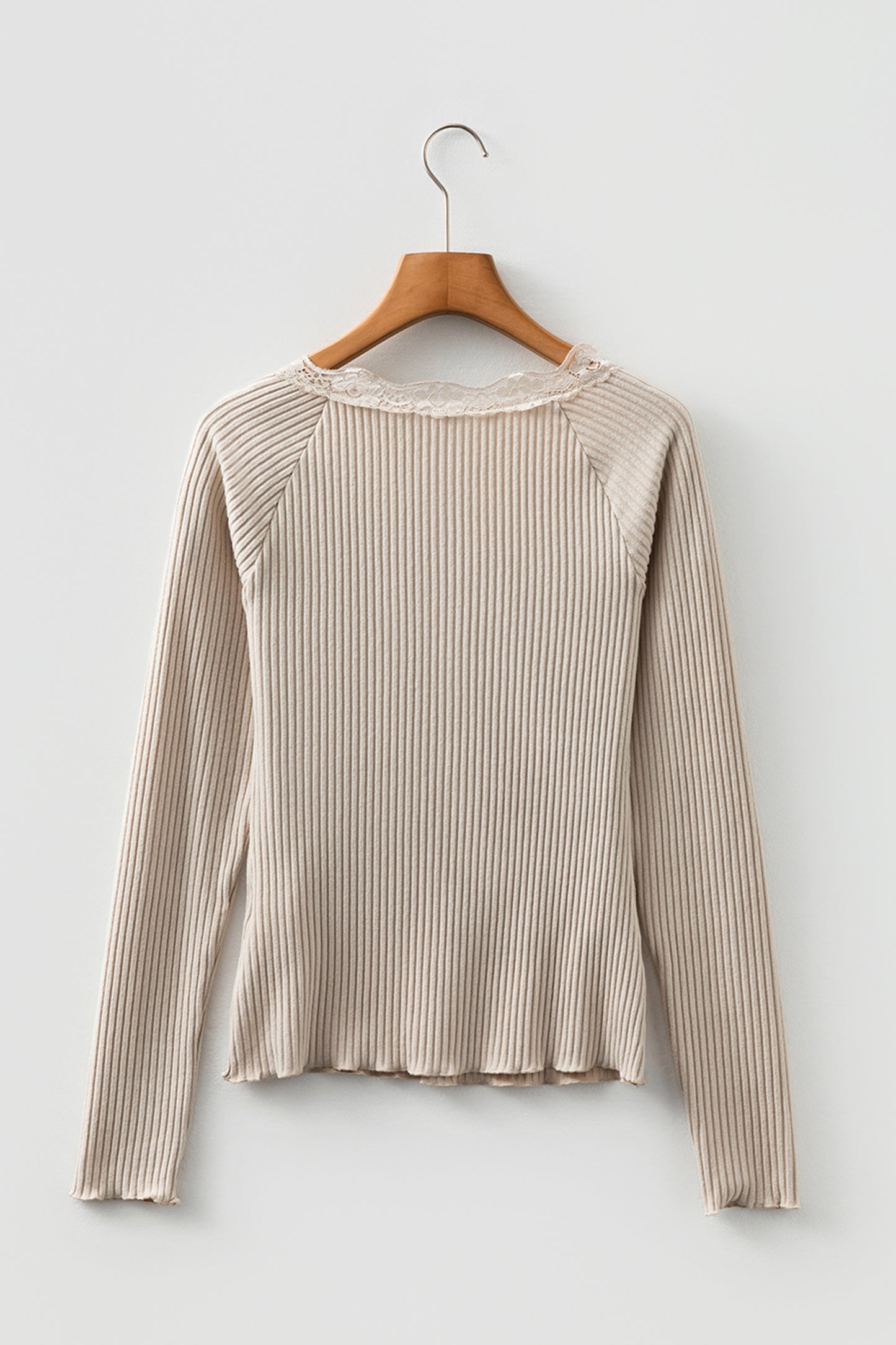 Beige Lace Neckline Button Decor Lettuce Edge Long Sleeve Ribbed Top