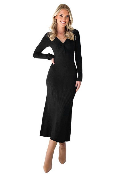 Black Twisted V Neck Ribbed Knit Sweater Dress - L & M Kee, LLC