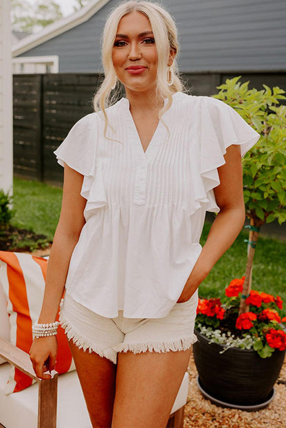 White V Neck Pleated Front Ruffled Sleeve Shirt - L & M Kee, LLC