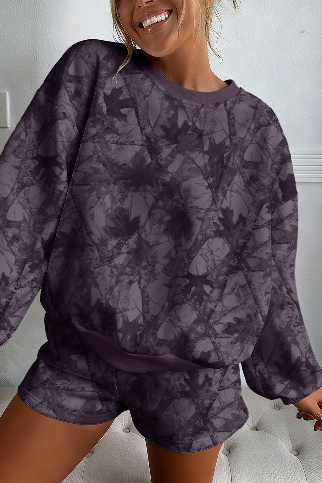 Brown Abstract Woodland Camo Print Baggy Pullover Drawstring Shorts Set