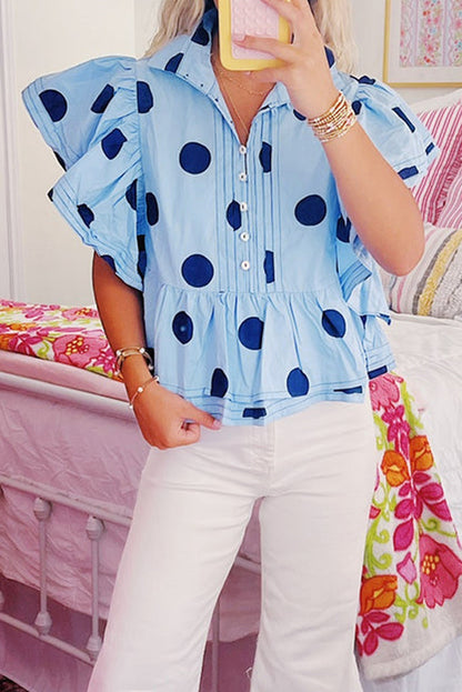 Sky Blue Polka Dot Print Ruffled Short Sleeve Buttoned Collared Blouse