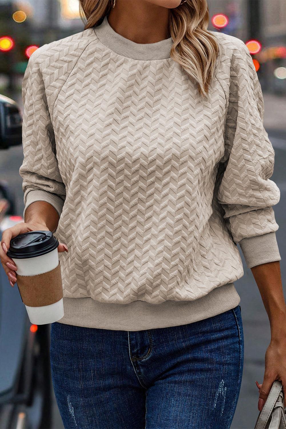 Beige Solid Textured Raglan Sleeve Pullover Sweatshirt - L & M Kee, LLC