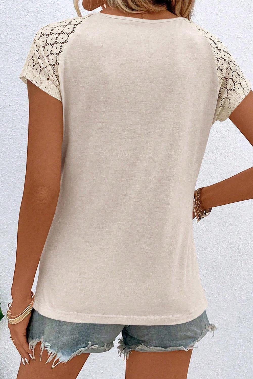 White Contrast Lace Sleeve Keyhole Decor Top - L & M Kee, LLC