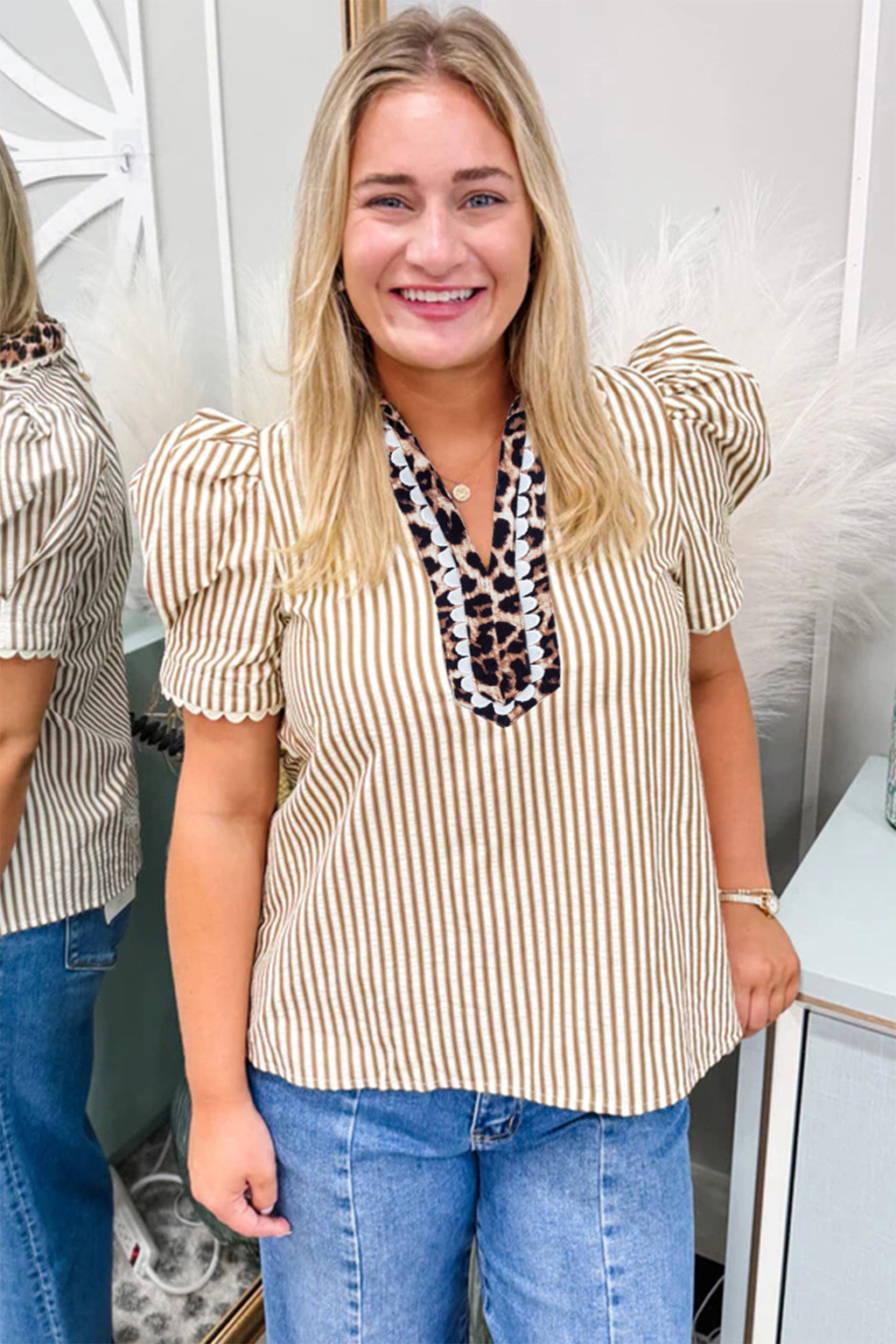 Brown Stripe Ricrac Trim Short Puff Sleeve Leopard Patchwork Collar V Neck Blouse