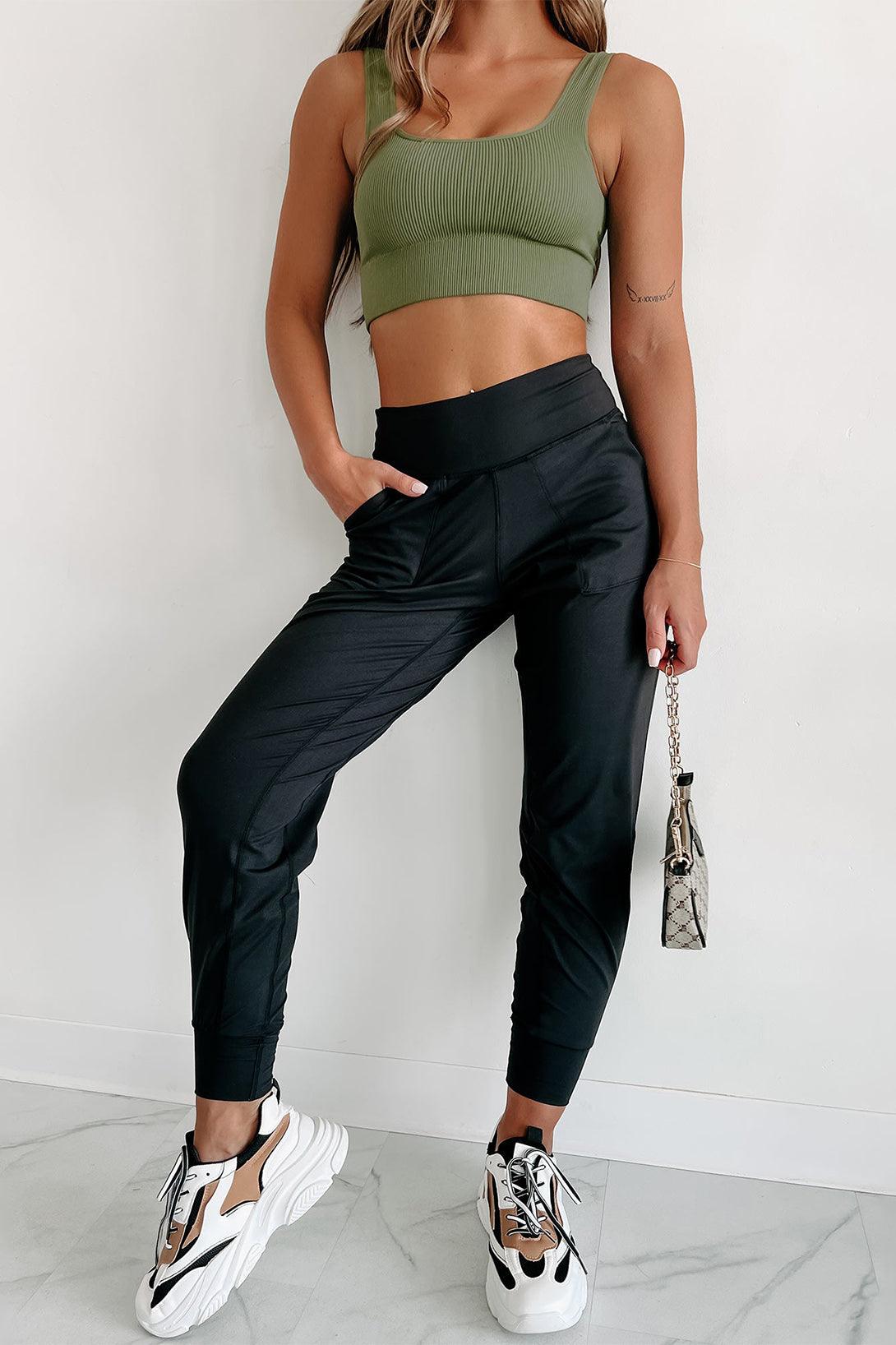 Black Exposed Seam High Waist Pocketed Joggers - L & M Kee, LLC