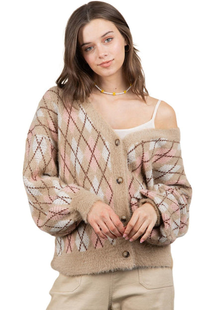 Multicolour Rhombus Pattern Knit Sweater Cardigan - L & M Kee, LLC