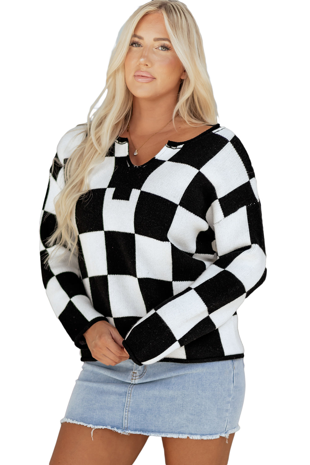 Black Checked Notched Neckline Drop Shoulder Knit Sweater