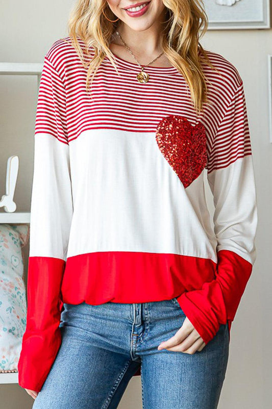 Fiery Red Valentine's Day Sequin Heart Striped Colorblock Top - L & M Kee, LLC