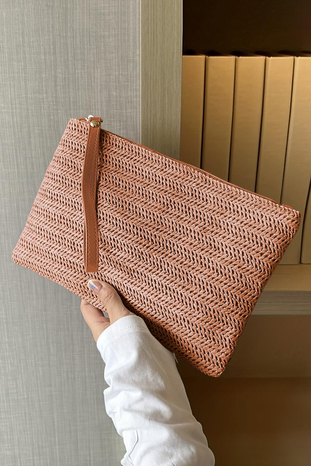 Chestnut Straw Woven Wrist Strap Zipper Large Wallet - L & M Kee, LLC