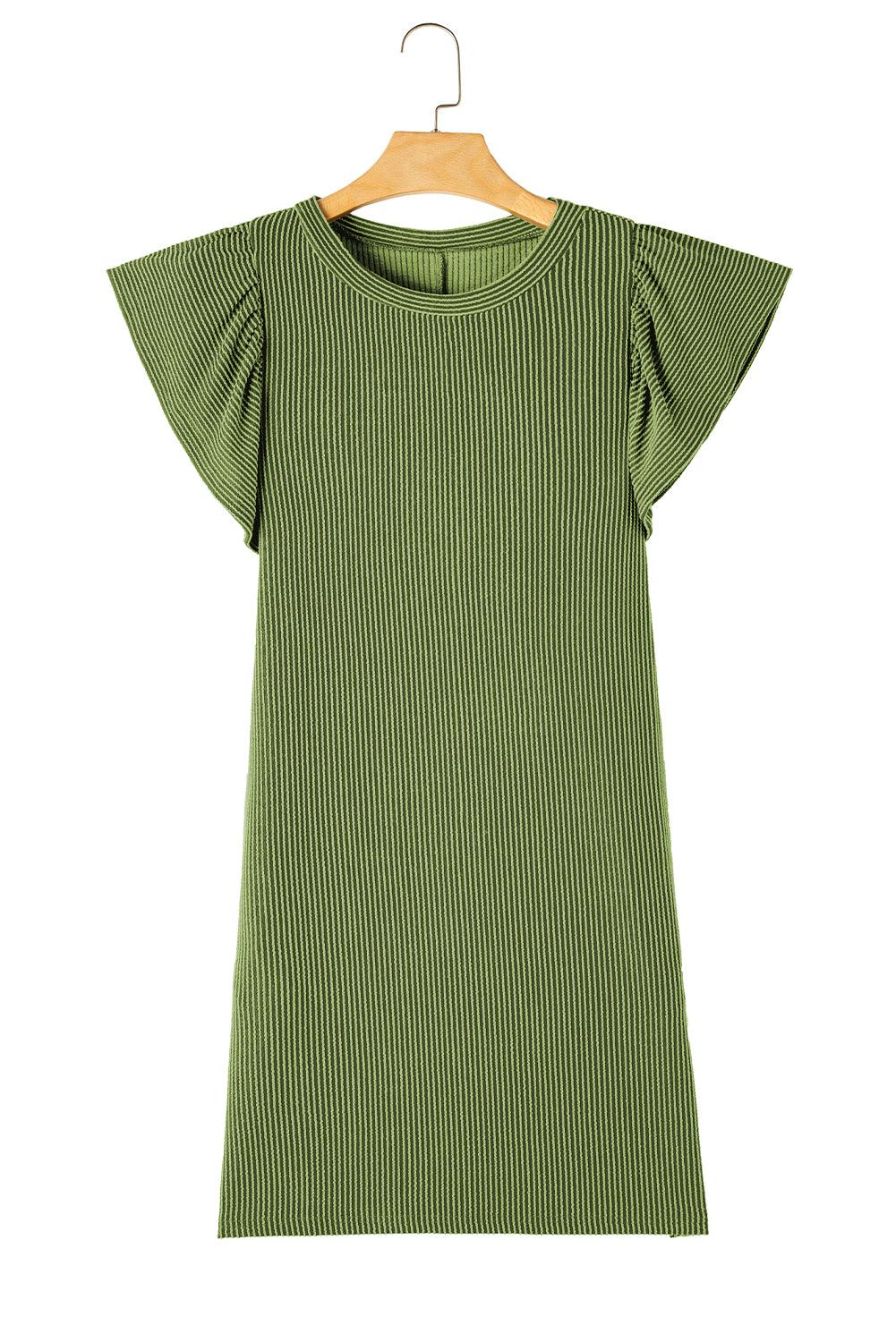 Grass Green Flutter Sleeve Ribbed Shift Dress