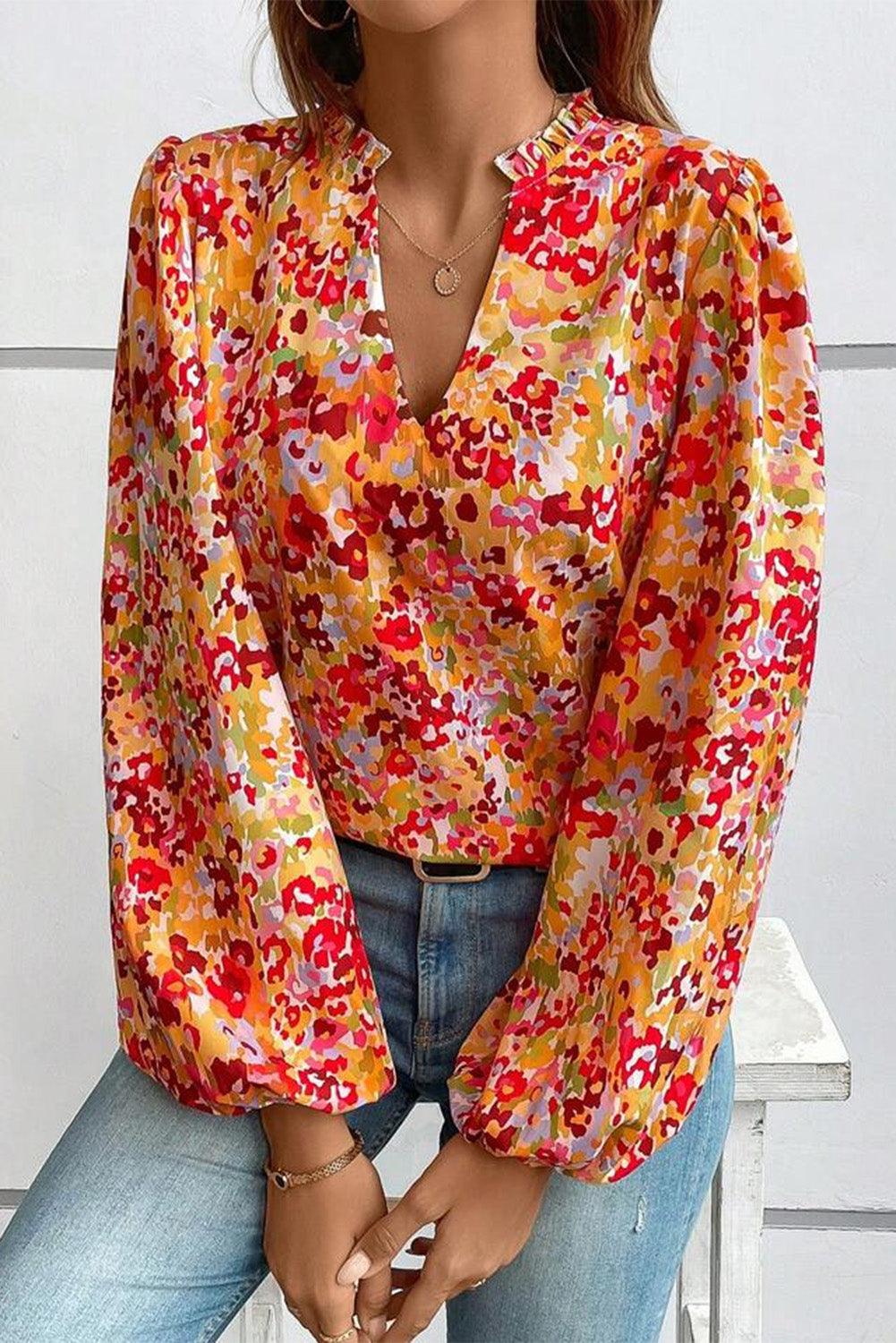 Grapefruit Orange Frilled Split Neck Bubble Sleeve Floral Blouse - L & M Kee, LLC