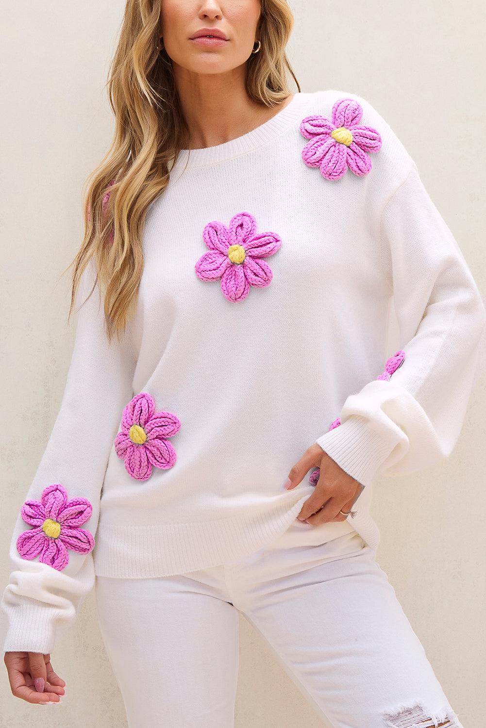 White Floral Crochet Chunky Knit Sweater - L & M Kee, LLC