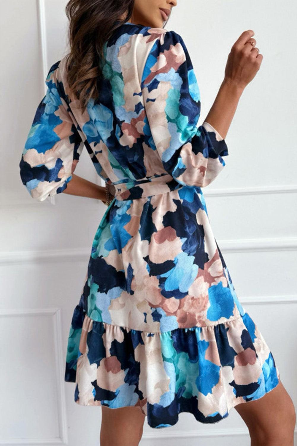 Abstract Floral Long Sleeve Tied Ruffle Dress - L & M Kee, LLC