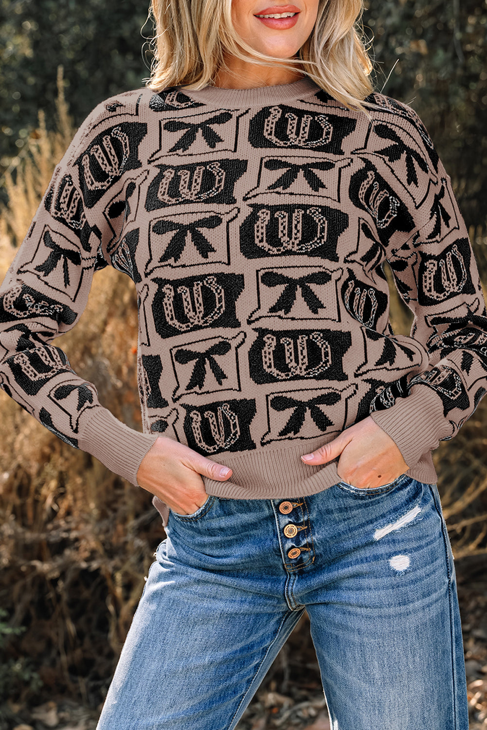 Black Bows & Horseshoes Pattern Western Fashion Print Sweater