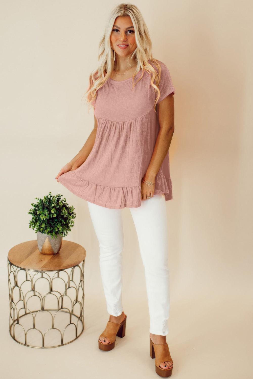 Pink Solid Short Sleeve Ruffle Hem Top - L & M Kee, LLC