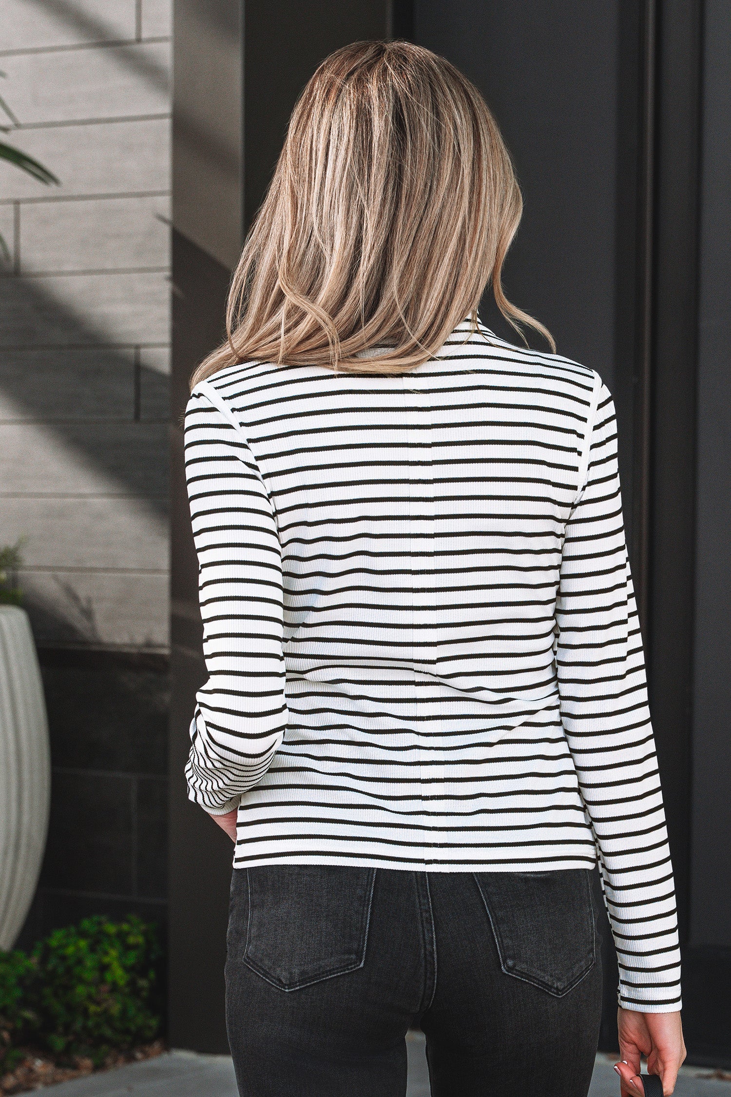 Black Stripe Ribbed Knit Half Button Long Sleeve Slim Top