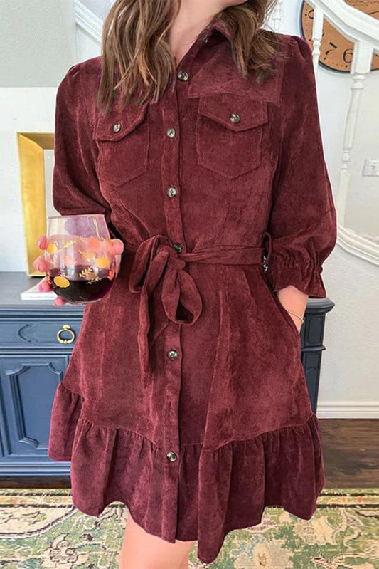 Red Dahlia Collared Buttons Front Ruffled Hem Shirt Corduroy Dress - L & M Kee, LLC