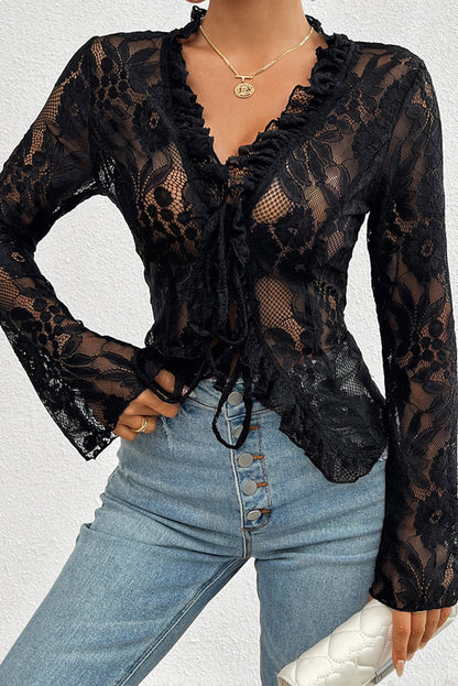 Black Frilly Tie Front See-Through Floral Lace Blouse