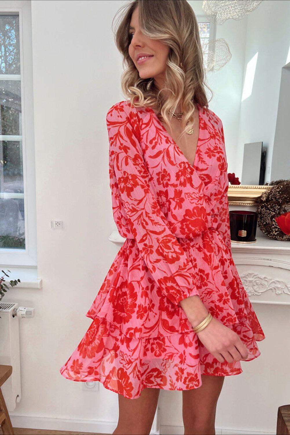 Red Floral Ruffle Layered Puff Sleeve Surplice Dress