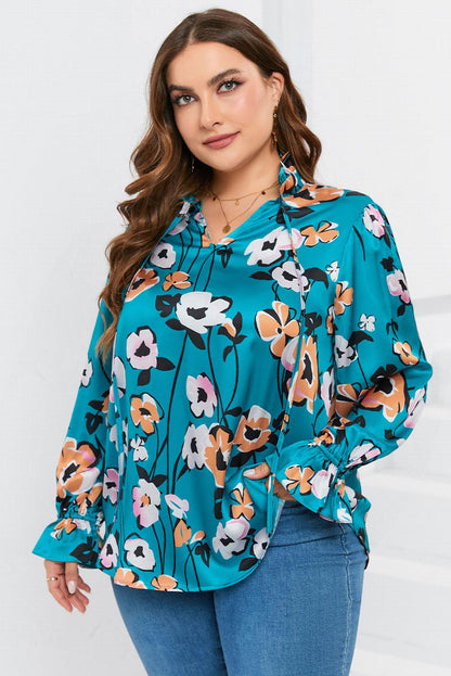 Sky Blue Floral Print V Neck Plus Size Blouse - L & M Kee, LLC