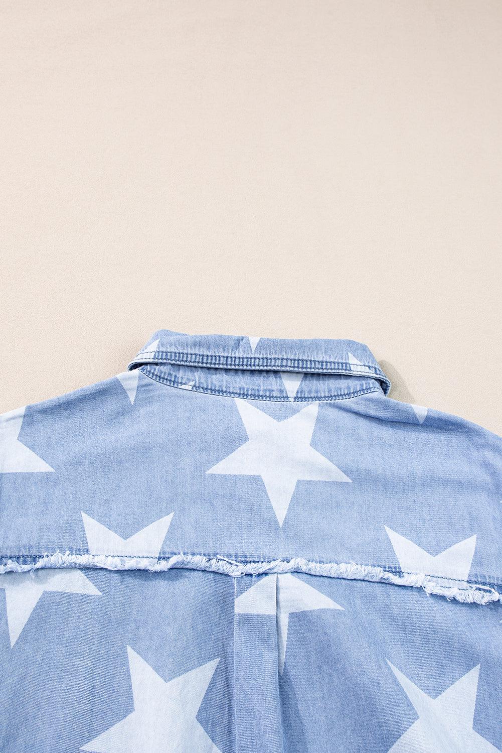 Sky Blue Stars Frayed Hem Collared Short Sleeve Denim Dress - L & M Kee, LLC