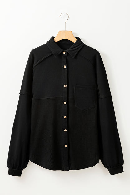 Black Waffle Knit Patchwork Exposed Seam Loose Shacket
