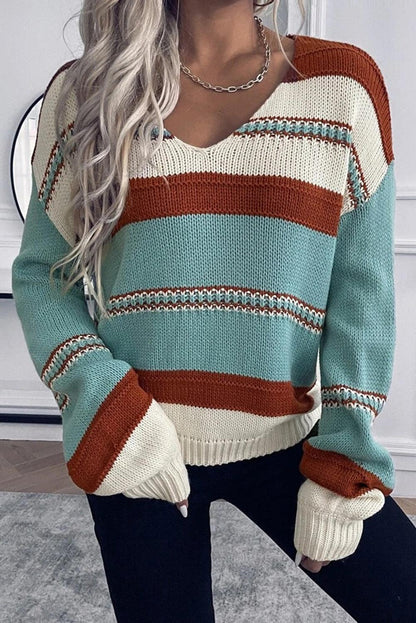 Sky Blue Striped Pattern Knit V Neck Sweater - L & M Kee, LLC