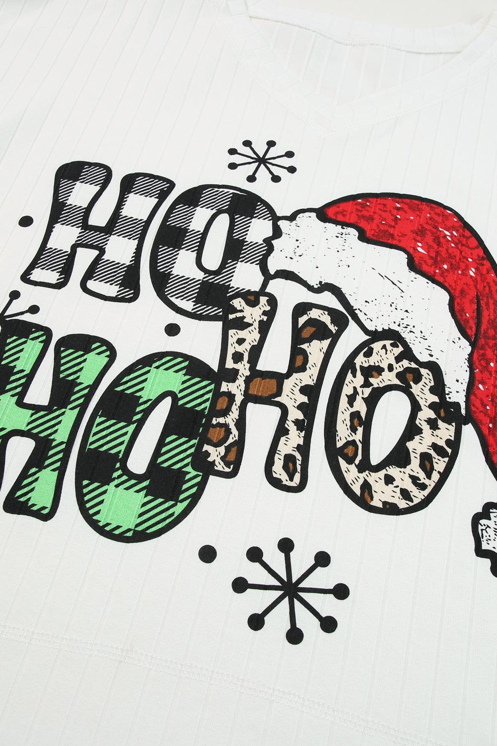 White HOHOHO Christmas Graphic Wide Rib Long Sleeve Top - L & M Kee, LLC